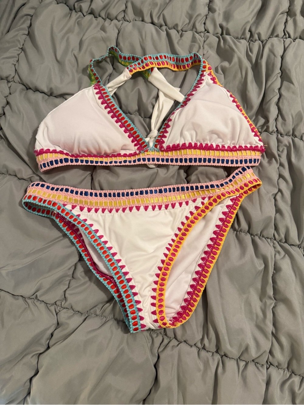 Bar III White Bikini with Pink, Yellow & Teal Crochet Trim